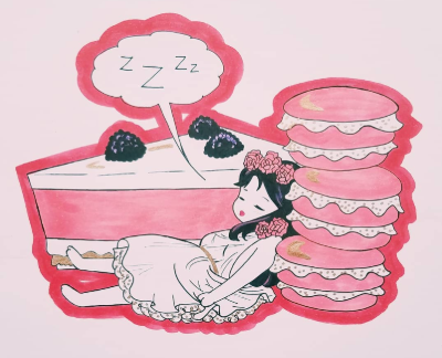 image of girl sleeping among macarrons, illustrated by the owner of the website, Legna Rios